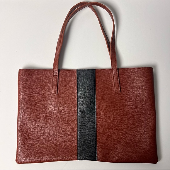 Vince Camuto Luck Tote Vegan Pebbled Leather Brown & Black Stripe NWOT - Picture 2 of 8